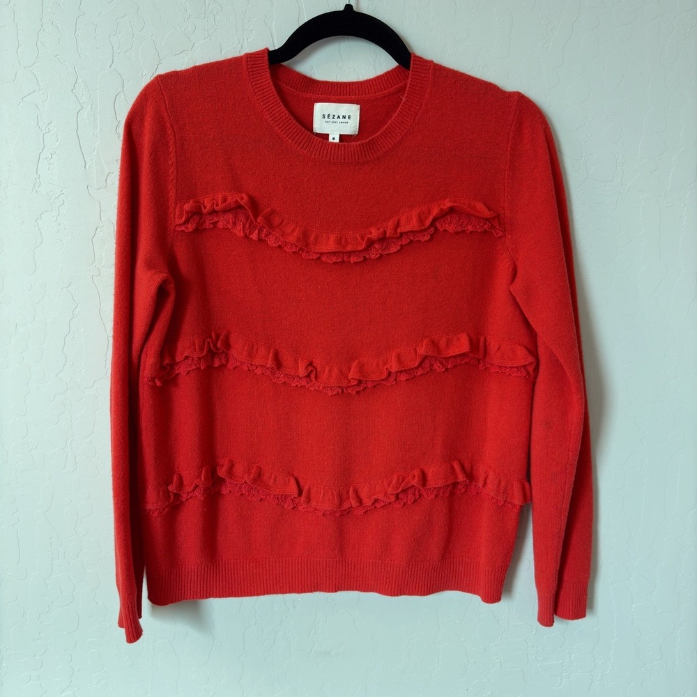 Sezane Andreas Red Wool Cashmere Ruffle Lace Trim Crew Neck Sweater‎ Sz Small